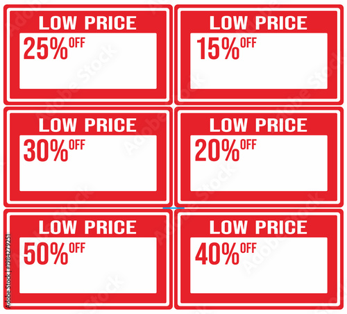 Several red labels indicating low prices with discounts of 15%, 20%, 25%, 30%, 40%, and 50%.
