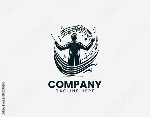 Music conductor leading orchestra with raised hands is illustrated in clean elegant black vector logo style on white background
