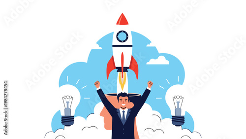 A jubilant businessman celebrates a major breakthrough, with a rocket launching from his head, symbolizing innovative ideas taking off.
