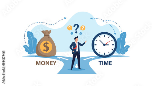 A businessman stands at a critical crossroads, contemplating the difficult decision between prioritizing money or managing time effectively.