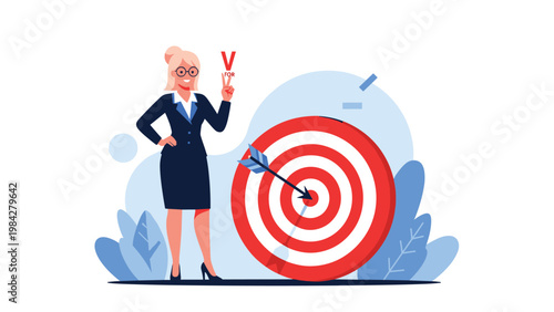 A confident businesswoman in glasses proudly flashes a "V" for victory sign, standing beside a bullseye target, signifying success.