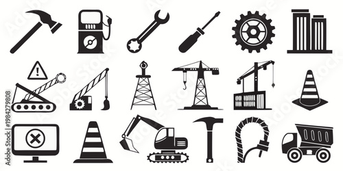Comprehensive collection of construction and maintenance heavy machinery icons with construction industry machinery screwdriver excavator building equipment engineering maintenance industrial