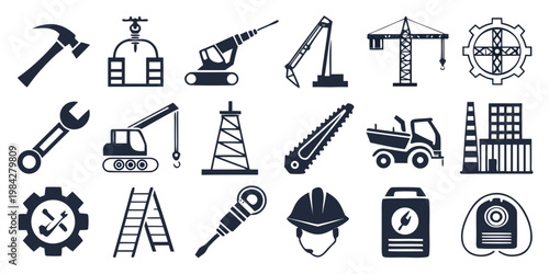 Diverse construction site and industrial equipment iconography set with hard hat dump truck construction industry machinery screwdriver excavator industrial equipment engineering maintenance
