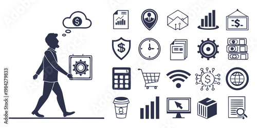 Businessman silhouette holding a gear icon surrounded by business and financial management symbols with businessman silhouette business management strategy location security calculator