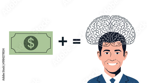 The combination of financial resources and intelligent thinking leads to successful outcomes, represented by money and a smart businessman.