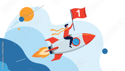 A triumphant businessman proudly holds a number one flag while riding a soaring rocket through the sky, symbolizing startup success and rapid growth.