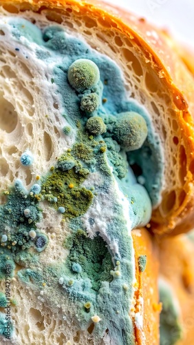 Moldy bread close-up. Green, blue, and white mold growing on the crumb and crust of sliced baguette