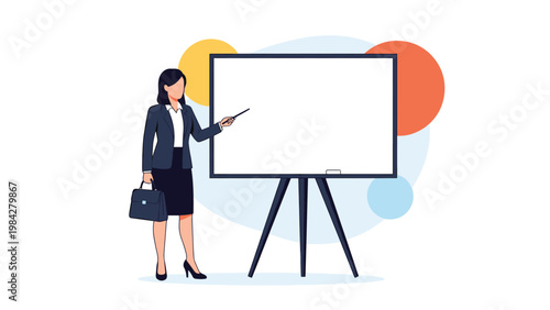 A confident businesswoman with a briefcase uses a pointer to highlight information on a blank whiteboard, indicating a business presentation.