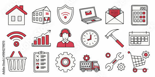 Collection of professional business and operational management icons with business management operations administration logistics technology services planning strategy development software