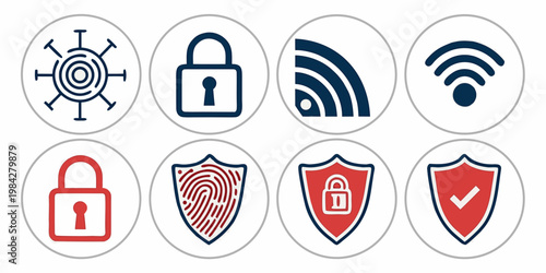 Set of cybersecurity and network icons including padlocks shield protection fingerprint identification signal connectivity symbols with cybersecurity fingerprint protection security connection