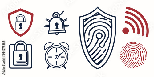 Digital security and identification icon set featuring shields with fingerprints padlocks signal strength alarm symbols security fingerprint protection identification biometric cybersecurity