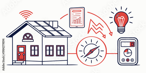 Smart home energy monitoring concept illustration showing residential solar power efficiency and consumption data with monitoring consumption efficiency technology management renewable analysis