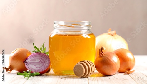 Jar of amber liquid sits amongst onions on a light wooden surface