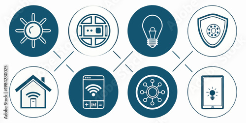 Integrated smart technology and digital home automation icon grid with automation technology integrated internet connected wireless interface communication infrastructure electronic software