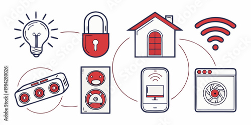 Connected smart home system schematic icons set for automation with automation connected technology security internet wireless interface communication integrated infrastructure electronic