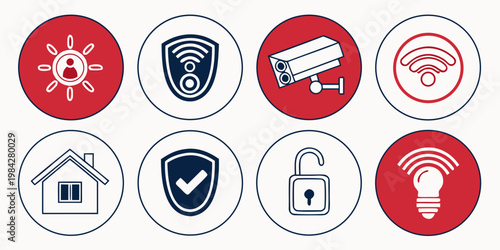 Smart home and security technology vector icon set for home automation systems with security automation technology internet wireless connected monitoring protection collection interface