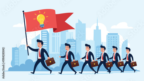 A charismatic businessman leads a procession of professionals, holding a lightbulb flag, symbolizing innovative leadership and team direction.