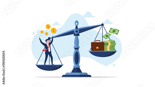 A businessman and coins on one side of a scale are outweighed by a briefcase and money, symbolizing financial inequality or investment imbalance.