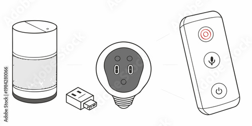 Smart home automation components with voice assistant speaker light bulb remote usb flash drive automation technology electronics internet wireless connected lighting management interface
