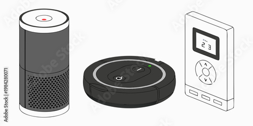 Smart home ecosystem icons featuring voice assistant speaker smart thermostat automated hub ecosystem automation thermostat technology electronics internet wireless connected management