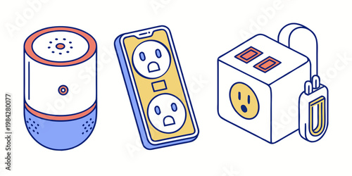 Smart home infrastructure symbols featuring assistant speaker mobile app socket power hub infrastructure assistant technology automation electronics internet wireless connected management