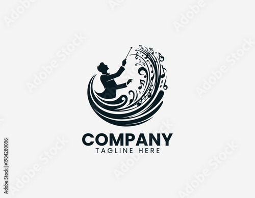 Music conductor silhouette with flowing notes is illustrated in bold elegant black vector logo style on white background