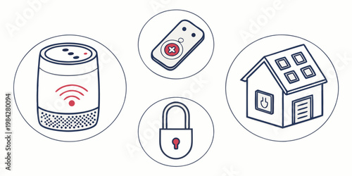 Smart home security and connectivity icons including speaker remote padlock house with security connectivity technology automation electronics internet wireless connected management interface