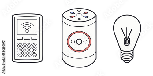Smart home automation concept icons with speaker and light bulb automation technology connected internet assistant wireless household communication electronic graphics illustration