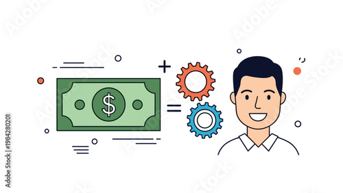 The combination of financial resources and strategic effort leads to successful outcomes, represented by money, gears, and a happy man.