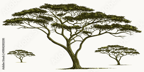 Graphic illustration featuring three acacia trees in a savanna setting landscape wilderness illustration isolated botanical environment outdoors woodland tropical seasonal biodiversity