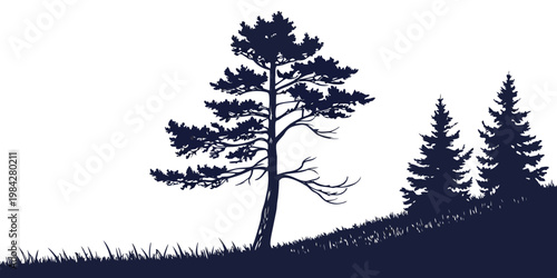 Blue silhouetted forest landscape with pine trees on a grassy slope silhouette landscape wilderness illustration outdoors woodland coniferous evergreen botanical minimalist environment