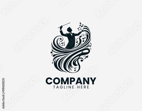 Music conductor silhouette with flowing notes is illustrated in bold elegant black vector logo style on white background