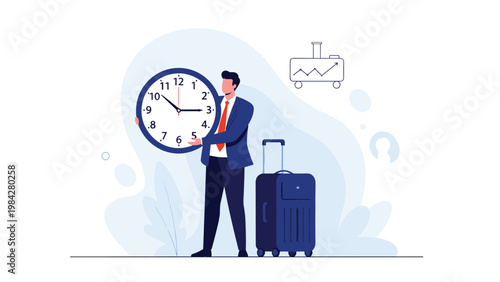 A businessman holds a large clock while standing next to a rolling suitcase, symbolizing efficient time management during business travel.