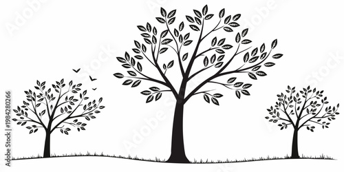 Minimalist black silhouette of trees and birds on a grassy plain with silhouette landscape woodland isolated environment illustration elements nature-scene minimalist backdrop background