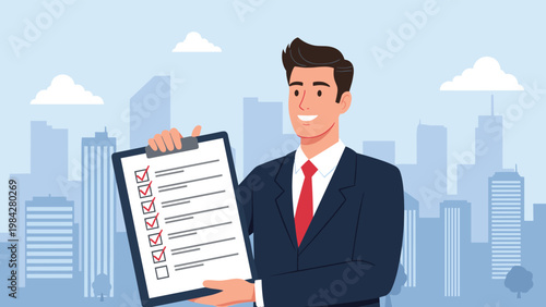 A cheerful businessman confidently holds a clipboard with a fully completed checklist, signaling successful task achievement and efficiency.
