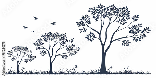 Silhouette landscape illustration with three deciduous trees and flying birds on a grassy field silhouette landscape isolated woodland environment illustration elements nature-scene backdrop
