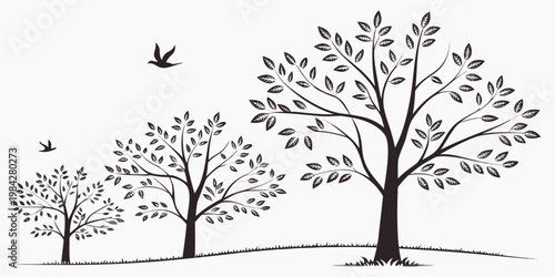 Graphic silhouette of a woodland landscape with three trees and birds in flight silhouette landscape woodland isolated environment illustration elements nature-scene minimalist backdrop
