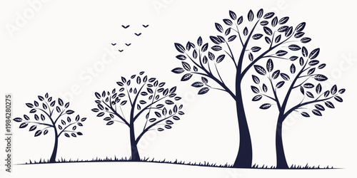 Black silhouette of a nature scene featuring trees and a flock of birds flying above silhouette landscape woodland isolated environment illustration elements minimalist backdrop background