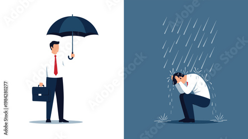One businessman offers protection with an umbrella, while another is distressed in the rain, symbolizing support versus a crisis.
