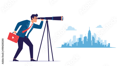 A strategic businessman observes a distant city skyline through a tripod-mounted telescope, symbolizing foresight and future planning.