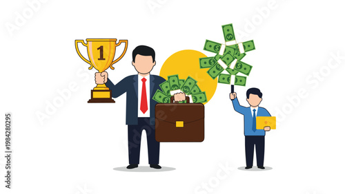 A triumphant businessman displays a trophy and a briefcase full of money, contrasting with another fanning himself, symbolizing wealth disparity.