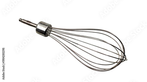 Top view of a stainless steel balloon whisk attachment, ideal for whipping egg whites into stiff peaks, creating rich whipped cream, and emulsifying light sauces or dressings, isolated on a white back