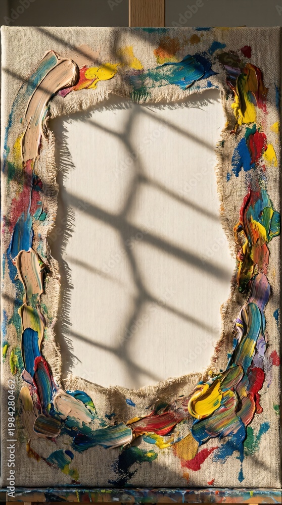Fototapeta premium Colorful oil paint grunge frame on canvas with window shadow