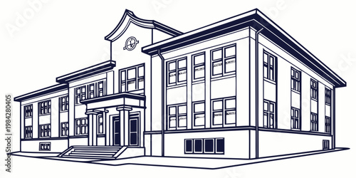Architectural line drawing of traditional school house exterior with building architecture education exterior academic university learning facility institute structure classroom institution