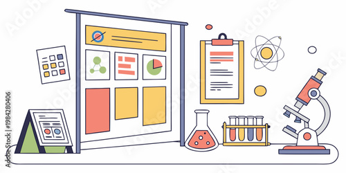 Science laboratory workspace with microscope and lab equipment illustration laboratory microscope experiment research chemistry education discovery scientific analysis clipboard academic