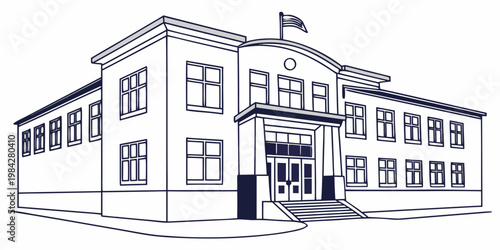 Modern school building exterior line illustration with building architecture education exterior academic learning university facility institute structure classroom institution illustration