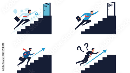 Various businessmen navigate their career paths, climbing stairs towards an exit or upward arrow, symbolizing progress, challenges, and decisions.