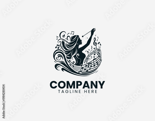 Music conductor silhouette with flowing notes is illustrated in bold elegant black vector logo style on white background