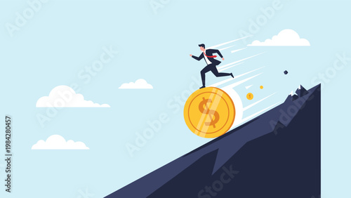 A businessman precariously runs on a large rolling gold coin down a steep hill, symbolizing significant financial risk and economic downturn.