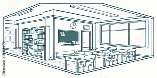 School classroom isometric sketch with bookshelves and desks classroom education isometric interior bookshelf chalkboard learning academic illustration training university schooling